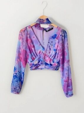 Zara Purple Multi Watercolor Floral V-Neck Long-Sleeve Crop Top